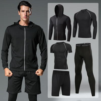 

Hui Ang sports suit mens fitness clothing yoga clothing tights quick-drying running training basketball clothing elastic compression clothing mens fitness clothing gray line black five-piece XL code