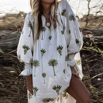 

New Women Long Sleeve Boho Print Party Casual Cotton Kaftan Maxi Long Dress