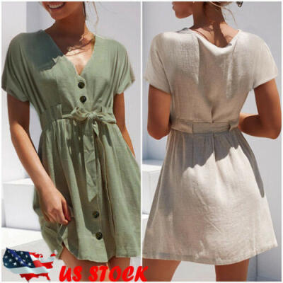 

US Women V Neck Short Sleeve Dress Button Down Belt Casual Loose Mini Dress