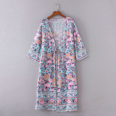 

New Women Kimono Cardigan Beach Cover Up Floral Print Chiffon Boho Long Loose Casual Blouse Top Beachwear Blue