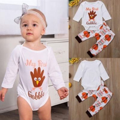 

2pcs Thanksgiving Newborn Baby Boys Girls Tops Romper Pants Outfits Set Clothes