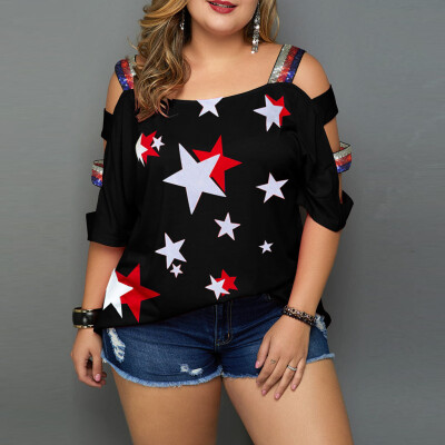 

Starmoon Women Plus Size Casual Flag Print Off Shoulder Slings Sleeve Top T-Shirt