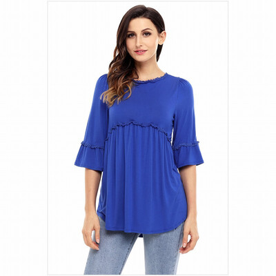 

Solid color round neck seven-sleeve back zip comfort shirt casual slim shirt