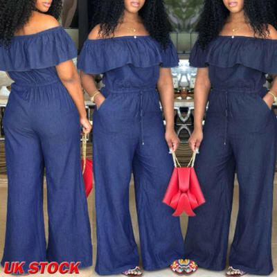 

Women Off Shoulder Jumpsuit Denim Dungaree Loose Long Pants Trousers Playsuit