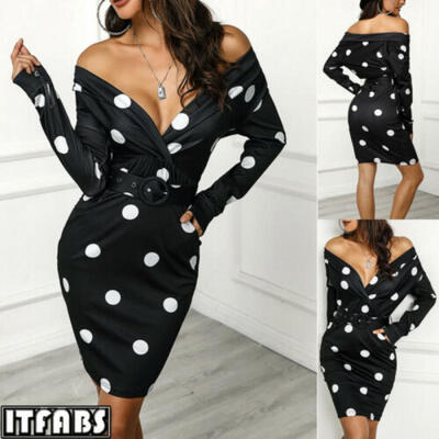 

Womens Deep V-Neck Long Sleeves Dot Print Casual Party Bodycon Sheath Dress US