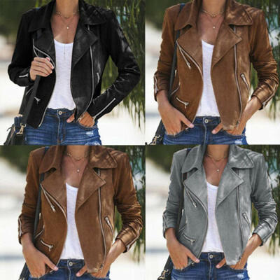 

Womens Ladies Suede Leather Jacket Flight Coat Zip Up Biker Casual Tops Clothes