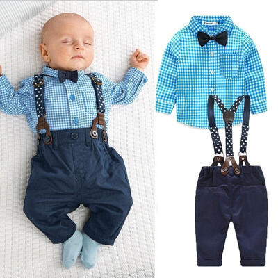 

2PCS Kids Baby Boys Toddler Plaid ShirtSuspender Pants Overalls Clothes Outfits