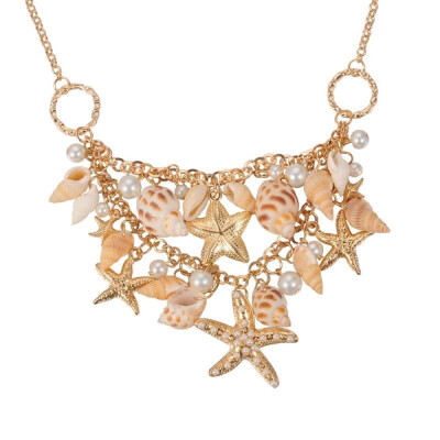 

PH PANDAHALL Trendy Natural Shell Bib Beach Necklaces Starfish&Conch Pendants