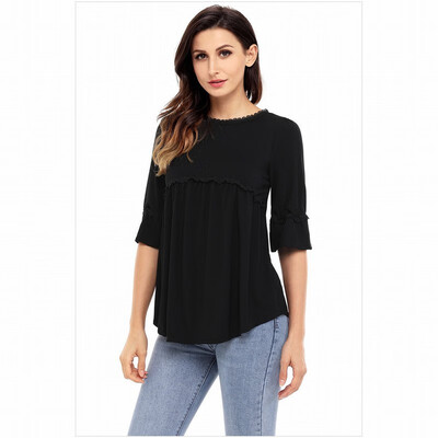 

Solid color round neck seven-sleeve back zip comfort shirt casual slim shirt