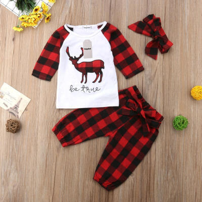 

Christmas Newborn Baby Boy Girl Deer Plaid Tops Bow Pants 3Pcs Outfit Set Clothes