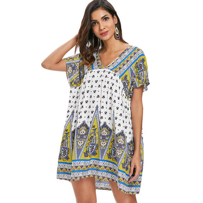 

V Neck Short Sleeve Mini Print Dress