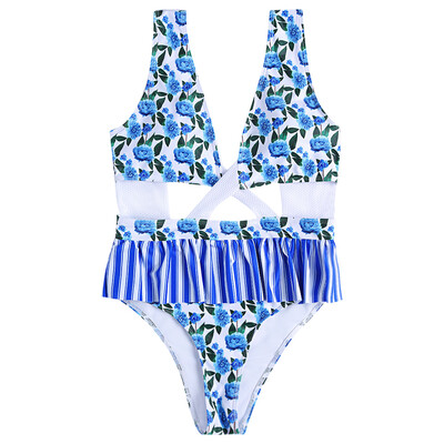 

Plunge Neck Criss-cross Strap Backless Floral Print Ruffle Women Swimsuit