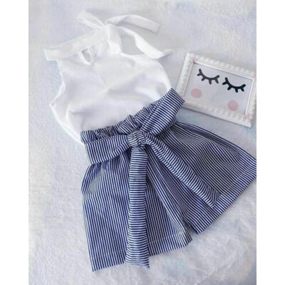 

UK New Toddler Kids Baby Girls White Tops Striped Shorts Pants 2Pcs Sets Clothes