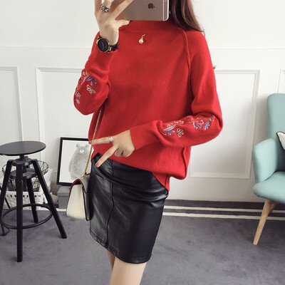 

2018 autumn&winter new Korean womens embroidery leggings knitted sweater semi-turtleneck short sweater