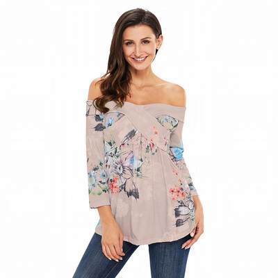 

Multi-color one-shoulder long-sleeved floral print retro straight top
