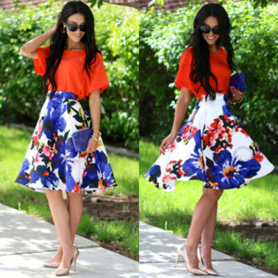 

CA Womens Fashion High Waist A-Line Knee-Length Skirts Floral Print Dress