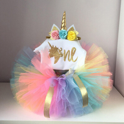 

Newborn Baby Girls Unicorn 1st Birthday Romper Skirt Tutu Dress Headband Outfits