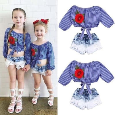 

Fashion Kids Baby Girls Flower Crop Tops T Shirts Blouse Denim Short Jeans Pants Outfits