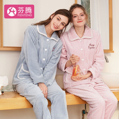 

Fenton coral velvet ladies pajamas 2018 autumn&winter new warm&generous English embroidery new simple lapel cardigan jade rabbit long-sleeved home service J98940897 pink