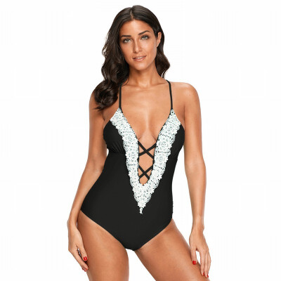 

Deep V-neck cross strap sling crochet triangle one-piece swimsuit