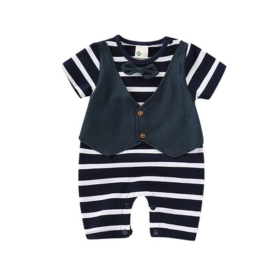 

Little Gentlemen Newborn Toddler Baby Boy Kid Costume Short Sleeve Stripe Romper Outfit Infant Playsuit Gift