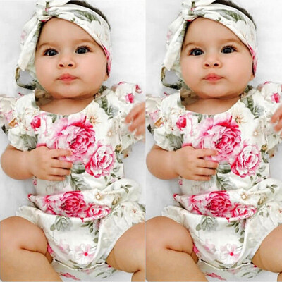 

Newborn Baby Girl Floral Outfit Clothes Romper Jumpsuit BodysuitHeadband Set