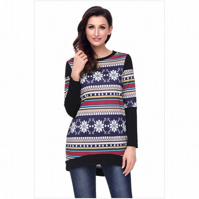 

Color stitching round neck long sleeve snowflake print shirt casual straight top