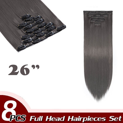 

17" Straight 8 Pcs Full Head Clip in Hair Extensions Synthetic 8 Piece 18 Clips Hairpiece Long Straight for Women