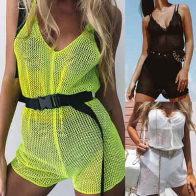 

Women Lady See Through Cover Up Net Mesh Shorts Jumpsuit Bodysuit Swimwear Beach