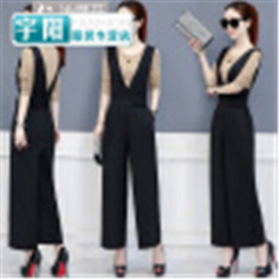 

Strap wide pants suit female quarter waist professional black jumpsuit loose casual pants