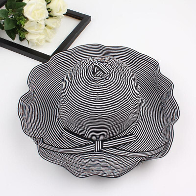 

New Summer Women Striped Cloth Sun Hat Foldable Large Brim Bow Decoration Beach Hat Cap