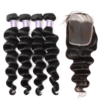 

Brazilian Remy Human Hair Weave Deep Loose Hair 4pcs Bundles with Lace Closure Virgin Cheap Extensions