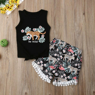 

Summer Kids Baby Girl Sleeveless Tops T-shirtLeopard Shorts Pants Outfit Set UK