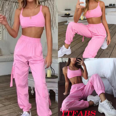 

US Womens Sport Casual Sweatshirt Crop Tops Pants Set 2Pcs Tracksuit Sweat Suit