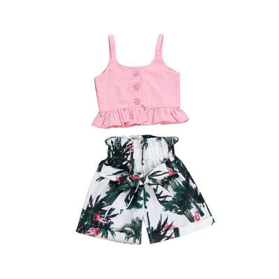 

Fashion Baby Girl Summer Casual Buttons Sling Vest Crop Tops Plant Prints Bows Shorts
