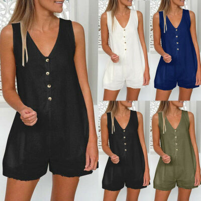 

Women V-neckline Romper Sleeveless Casual Pocket Button T-shirts Jumpsuits