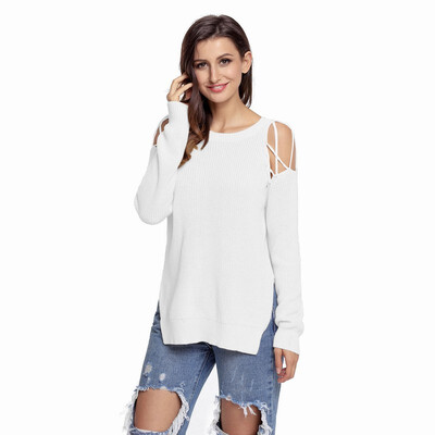 

Round neck long sleeve off-the-shoulder casual knit sweater