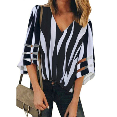 

Womens V-Neck Short Sleeve Striped Casual Blouse Loose Tops Summer T-Shirt NEW
