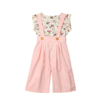 

Newborn Kids Baby Girls Flowers T-shirt Top Suspender Bowknot Pants Outfits Set