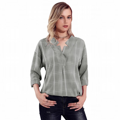 

V-neck long-sleeved plaid plaid thin section casual white-collar blouse top