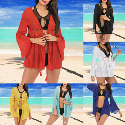 

New Women Kimono Cardigan Solid Hollow Out Boho Loose Outerwear Beachwear Bikini Cover Up