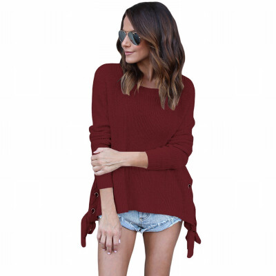 

Round neck long sleeve side cross tie casual knit sweater