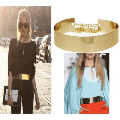 

Women Fashion Wide Plate Full Metal Waist Mirror Chains Waistband Metallic Belt