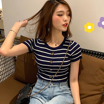 

Stripes Womens T-Shirt O Collar T Shirts Skinny Short Sleeve Slim Buttons Knitted Under Wear Tshirt Casual Top Tees For Female