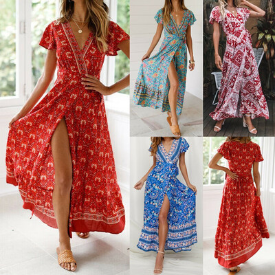 

Women Boho Floral Long Maxi Dress Evening Party Beach Dresses Summer Sundress