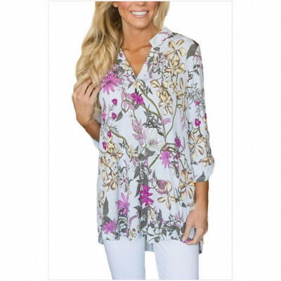 

V-neck long sleeve front short long bohemian printed shirt top