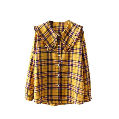 

Summer Women Plaid Print Shirts Fitness Long Sleeve Blouse Tee Casual Lapel Tops Women Retro Temperament Tops