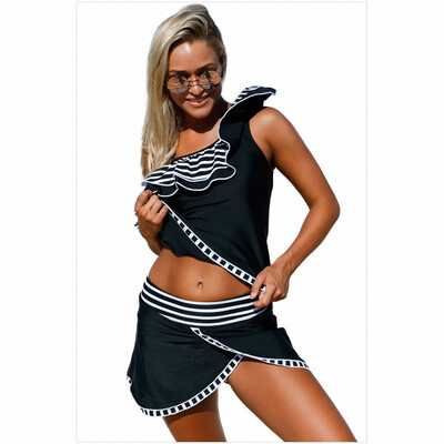 

Swimwear black diagonal collar geometric print wrinkled beach skirt split swimsuit