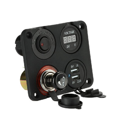 

Four Hole Panel Base Dual USB Socket Voltmeter Meter Mental Power Socket with Cigarette Lighter ON-OFF Button Switch for C