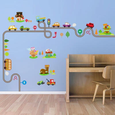 

CARTOON CAR TREE Traffic Road Wall Sticker Removable Nursery Art Boy Decal Mural